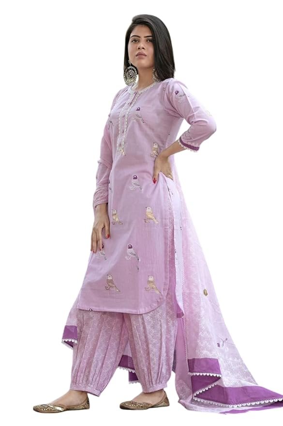 Women's Cotton Embroidered Straight Kurti with Pant and Dupatta Set