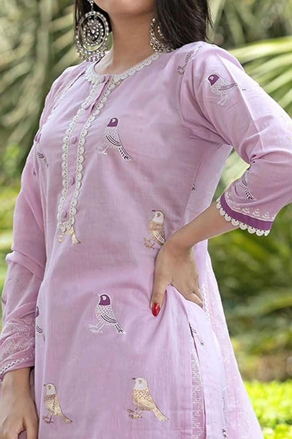 Women's Cotton Embroidered Straight Kurti with Pant and Dupatta Set