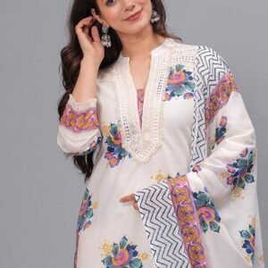 Amayra Women's Pure Cotton Printed Straight Kurta Set with Palazzo Pants & Dupatta- Ethnic Wear, White - Image 3