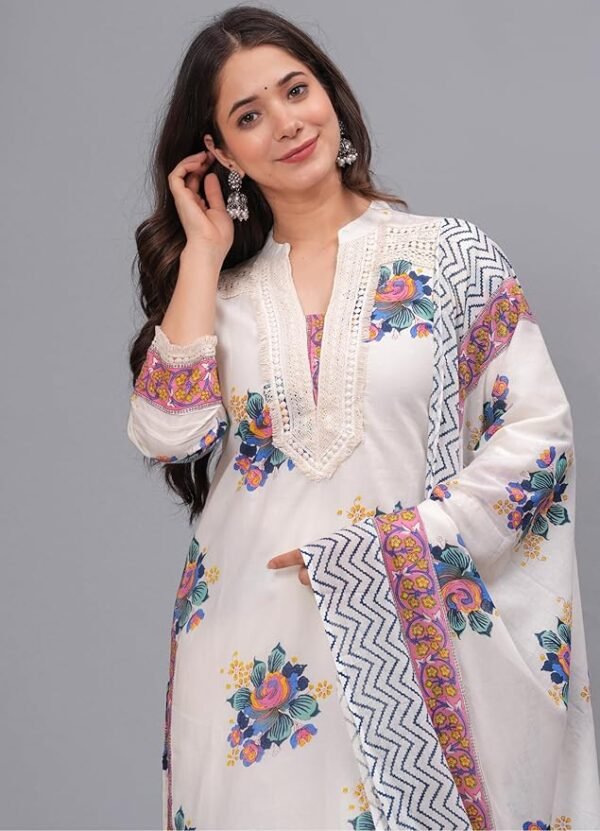 Amayra Women's Pure Cotton Printed Straight Kurta Set with Palazzo Pants & Dupatta- Ethnic Wear, White