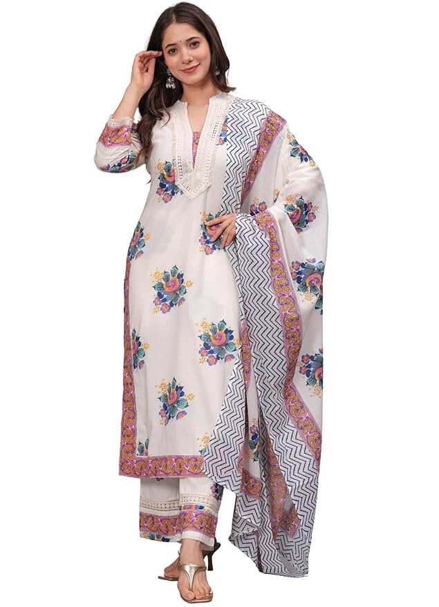 Amayra Women's Pure Cotton Printed Straight Kurta Set with Palazzo Pants & Dupatta- Ethnic Wear, White - Image 1