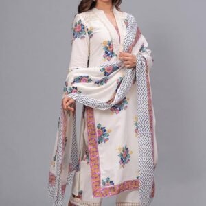 Amayra Women's Pure Cotton Printed Straight Kurta Set with Palazzo Pants & Dupatta- Ethnic Wear, White - Image 2