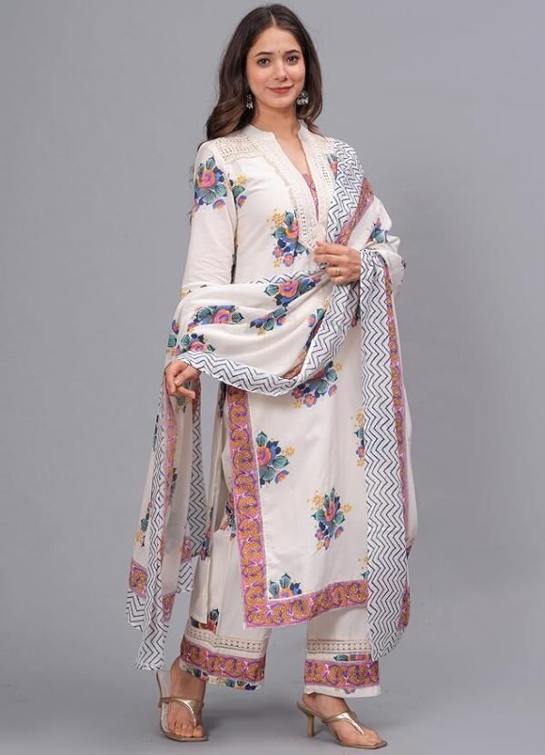 Amayra Women's Pure Cotton Printed Straight Kurta Set with Palazzo Pants & Dupatta- Ethnic Wear, White