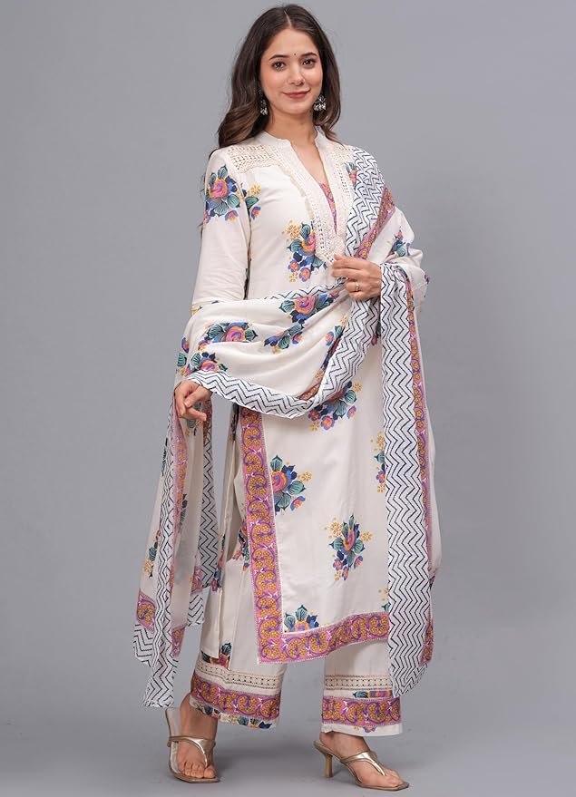 Amayra Women's Pure Cotton Printed Straight Kurta Set with Palazzo Pants & Dupatta- Ethnic Wear, White - Image 2