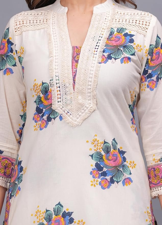Amayra Women's Pure Cotton Printed Straight Kurta Set with Palazzo Pants & Dupatta- Ethnic Wear, White - Image 4